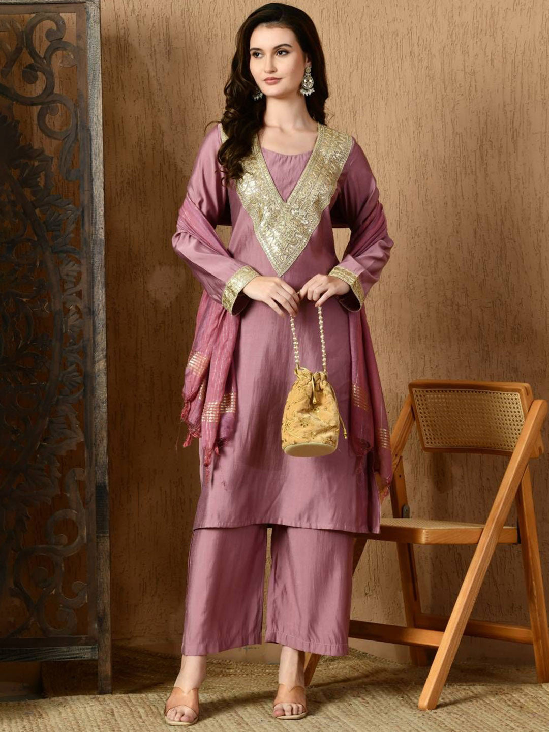 Round Neck Long Sleeves Kurta With Trousers & Dupatta
