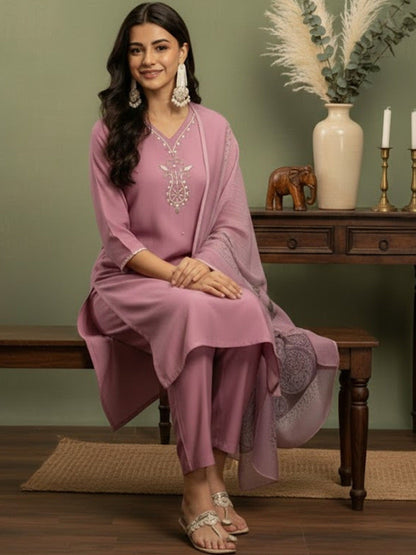 Embroidered V-Neck Kurta & Trousers Kurta Sets