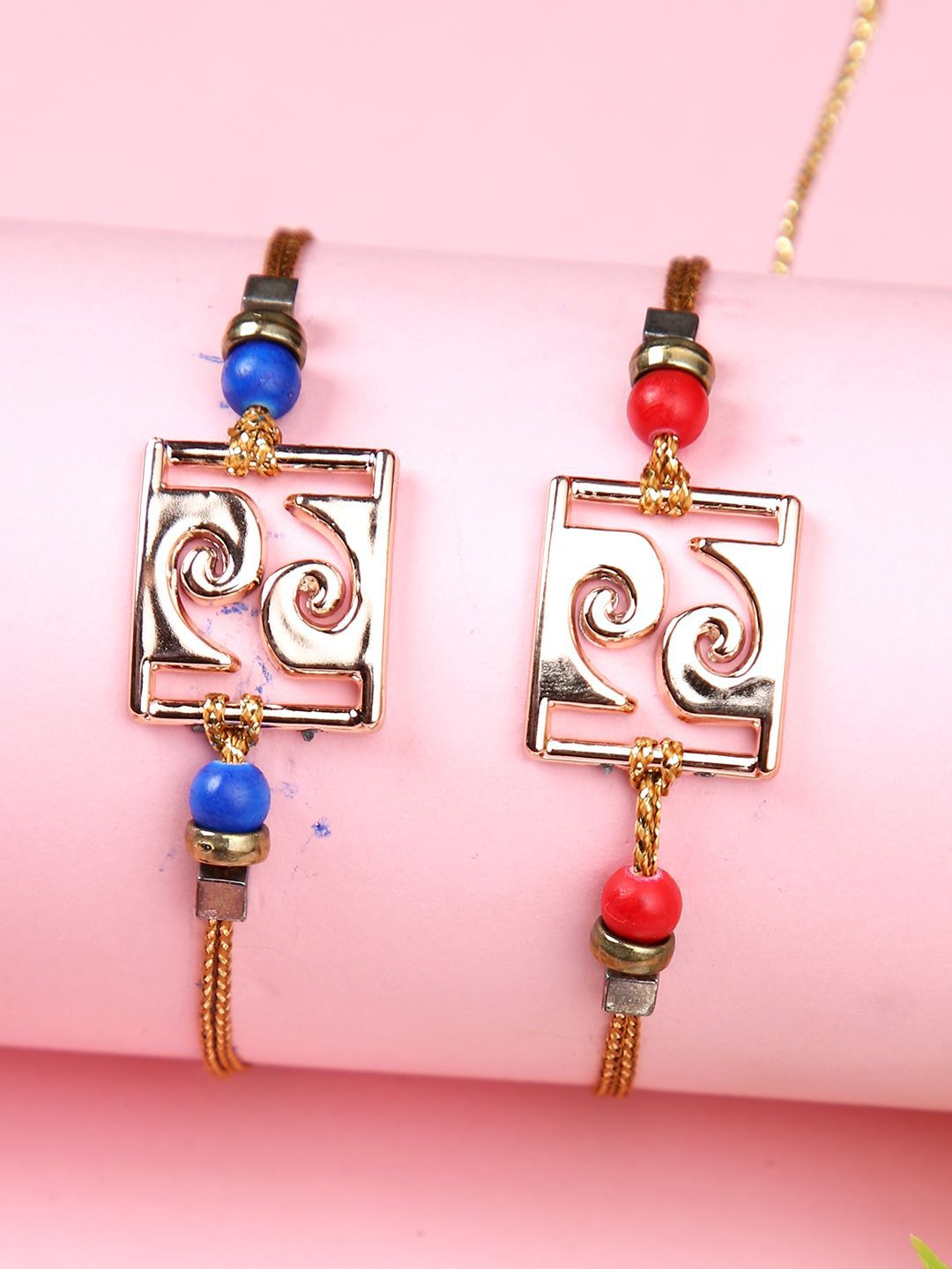 Dhiyona Red Set Of 2 Beaded Square Charm Thread Rakhis With Roli Chawal & Greeting Card