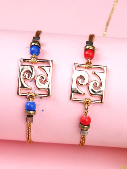 Dhiyona Red Set Of 2 Beaded Square Charm Thread Rakhis With Roli Chawal & Greeting Card