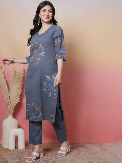 Floral Printed V-Neck Pure Cotton Straight Kurta With Trouser & Dupatta