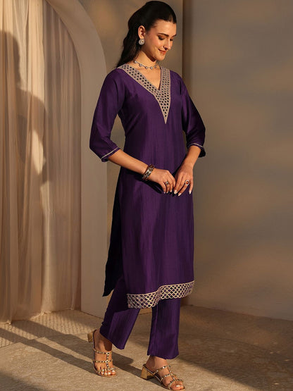 Purple Mirror Work Yoke Design Straight Kurta Set
