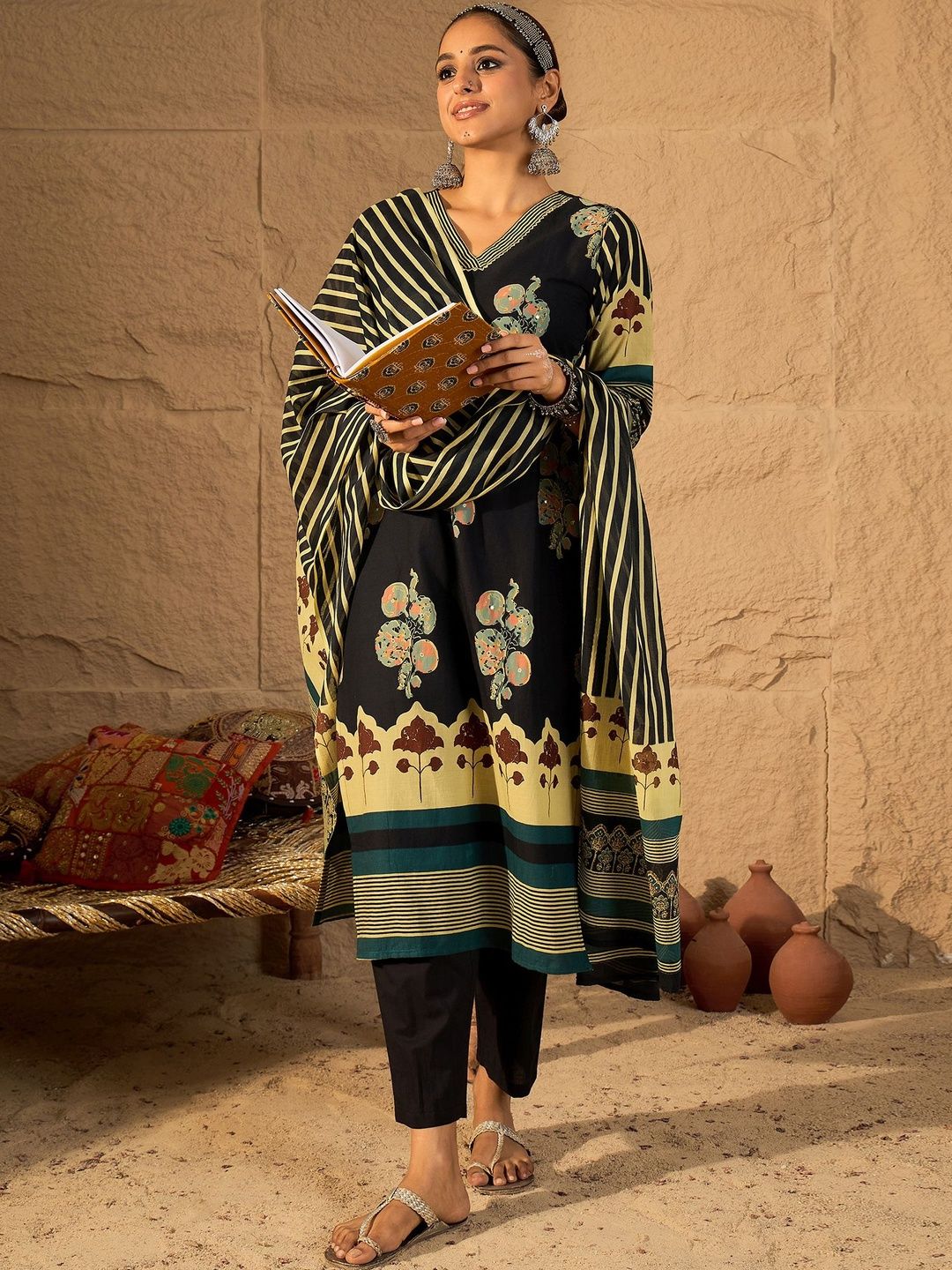 Dhiyona IE Women Ethnic Motifs Printed Regular Pure Cotton Kurta with Trousers & With Dupatta