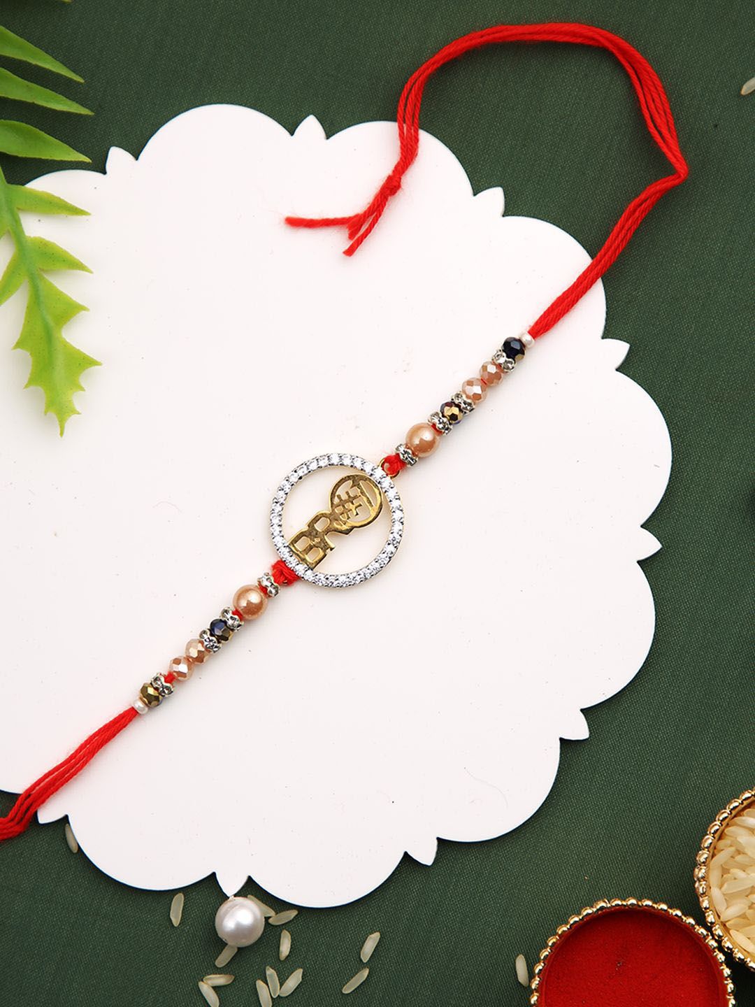 Dhiyona Red Stone Studded & Beaded Thread Rakhi With Roli Chawal & Greeting Card