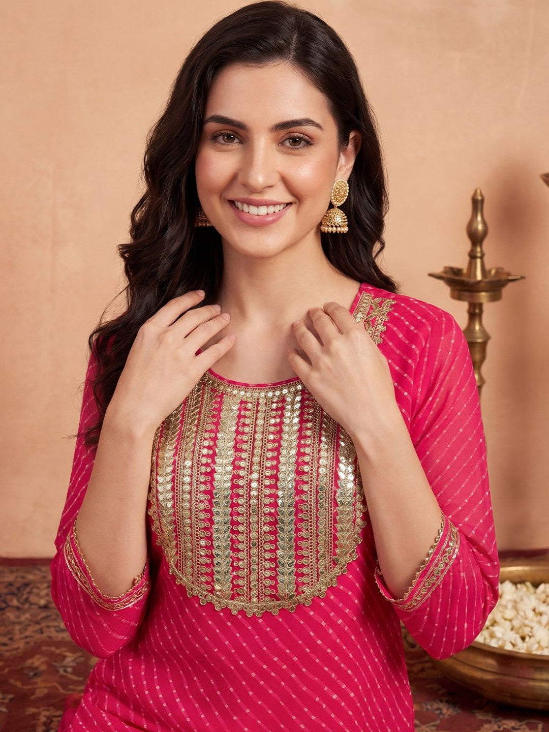 Women Striped Regular Sequinned Kurta with Trousers & With Dupatta