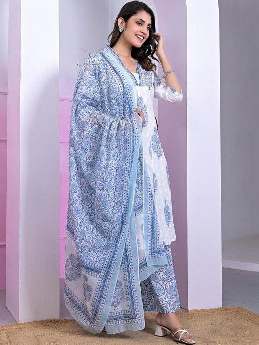 Printed Pure Cotton V-Neck Kurta & Palazzos Kurta Set