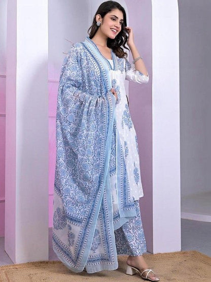 Printed Pure Cotton V-Neck Kurta & Palazzos Kurta Set