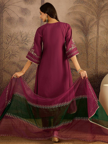 Zari Sequence Thread Embroidered A-Line Kurta & Trousers With Dupatta