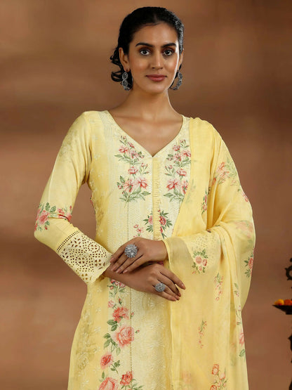 Women's LB Yellow Printed Silk Blend Straight Suit With Dupatta