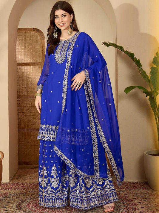 Dhiyona SN Ethnic Motifs Embroidered Sequinned Straight Kurta With Palazzos & Dupatta