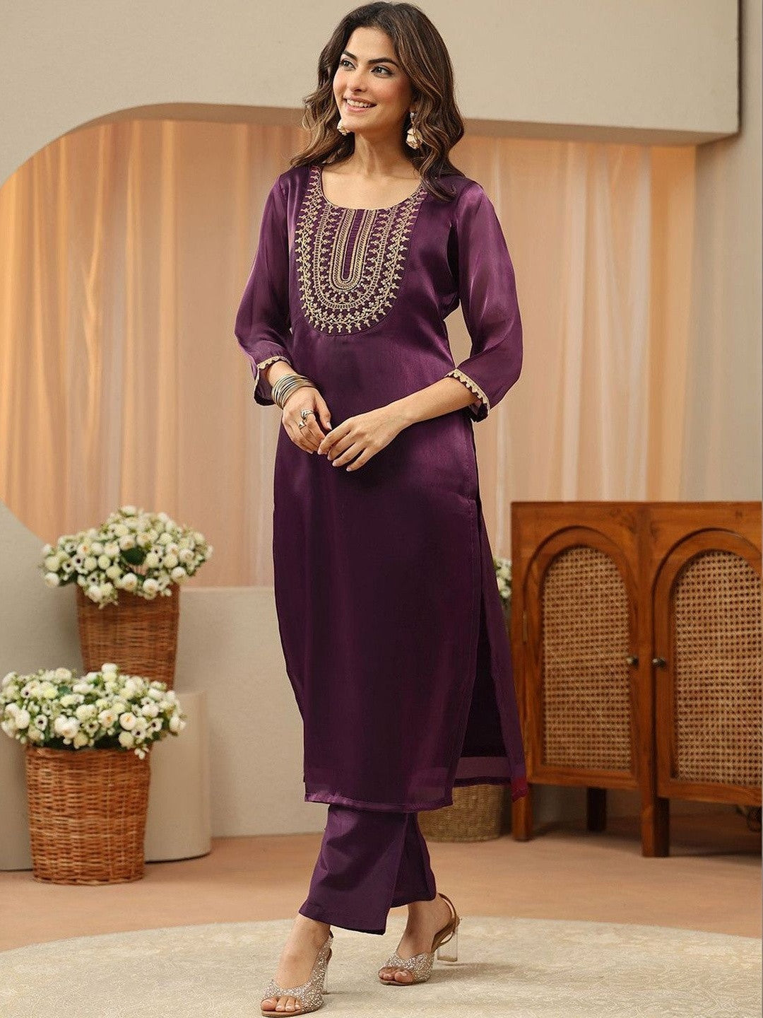 Libas Burgundy Yoke Design Tissue Straight Suit Set
