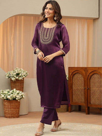 Libas Burgundy Yoke Design Tissue Straight Suit Set