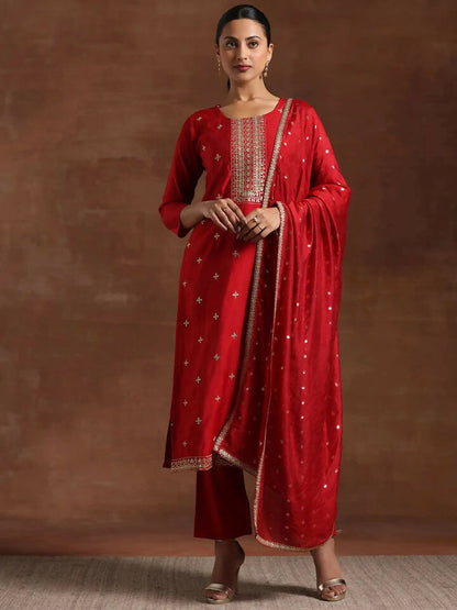 Women's LB Maroon Self Design Silk Blend Straight Suit With Dupatta