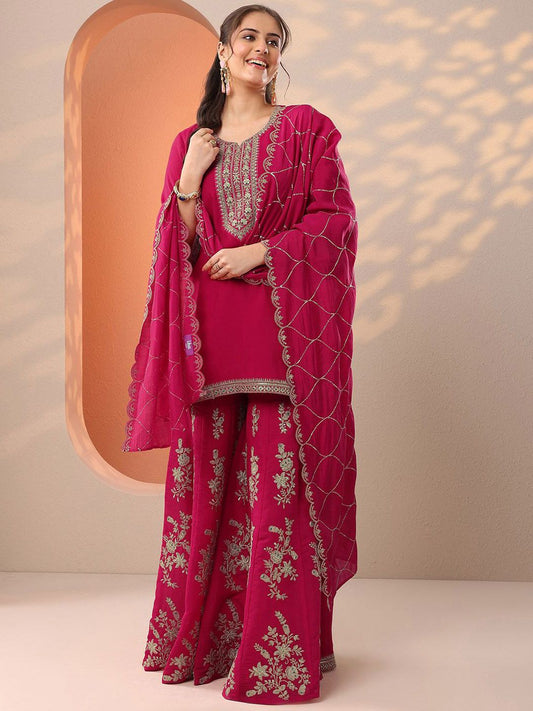 Dhiyona LL Women Ethnic Motifs Embroidered Regular Thread Work Kurta with Palazzos & Dupatta