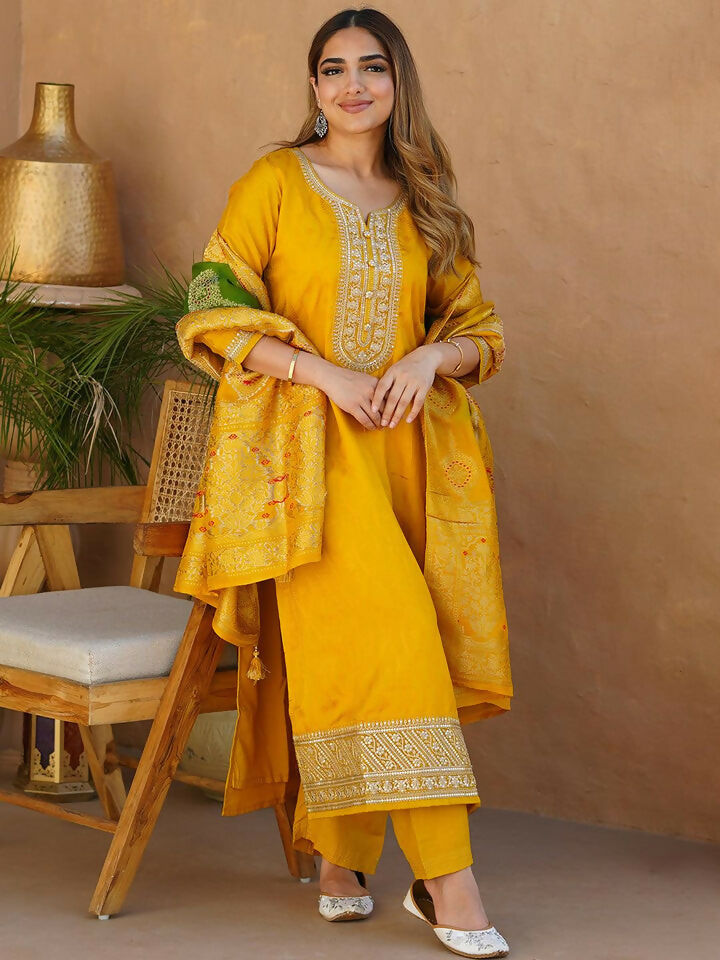 Women's LB Mustard Woven Design Silk Blend Straight Suit With Dupatta