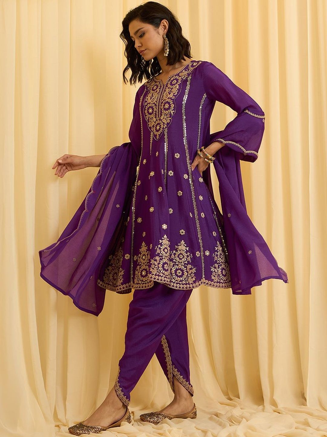 Dhiyona CH Women Ethnic Motifs Embroidered Regular Thread Work Kurta with Dhoti Pants & With Dupatta