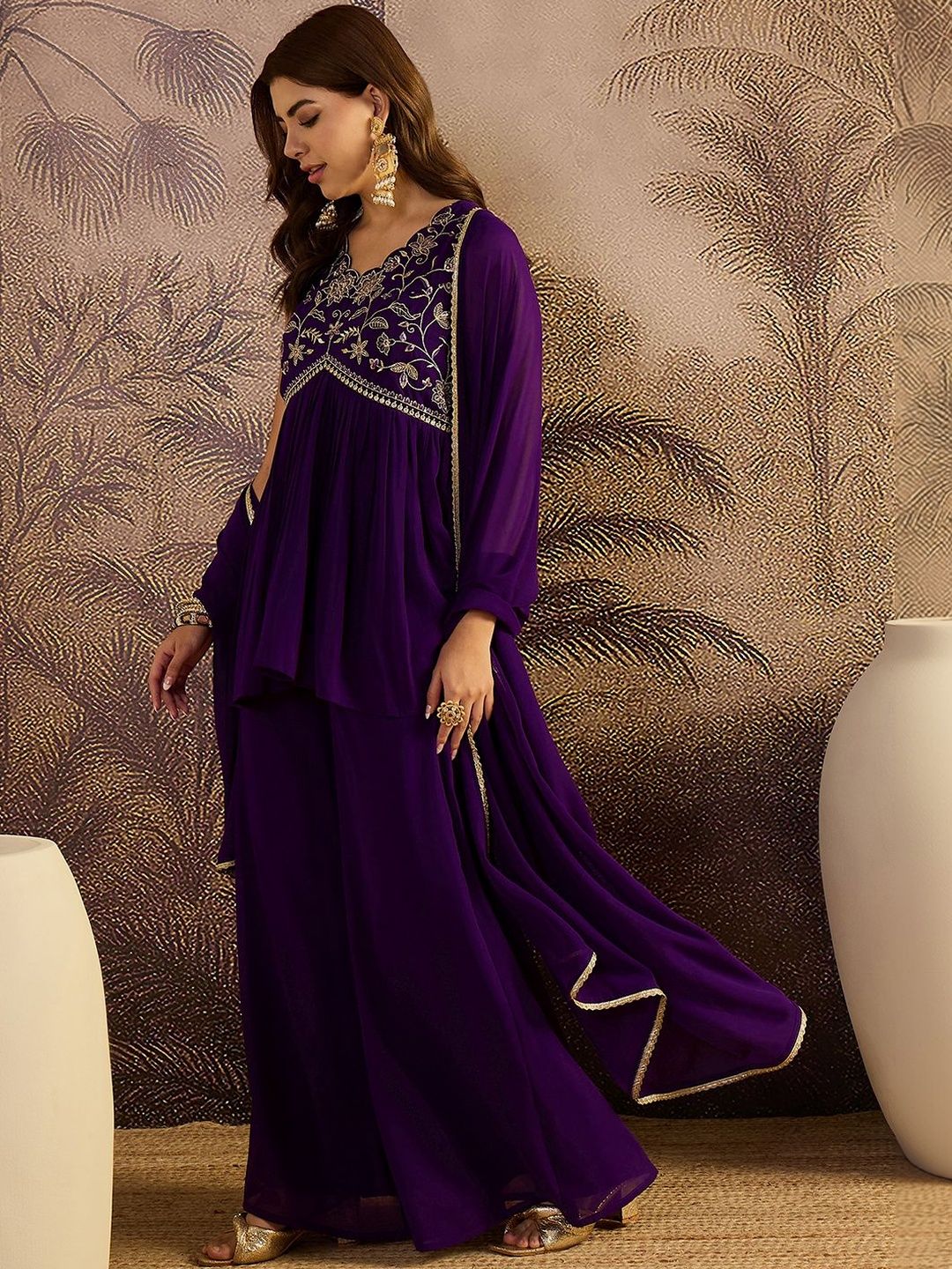 Dhiyona SN Embroidered V-Neck A-Line Kurti & Palazzos With Dupatta