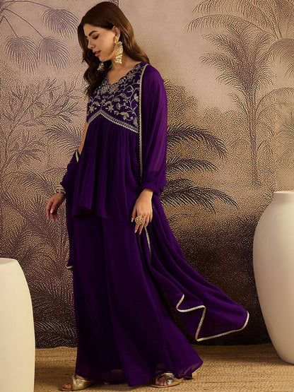 Dhiyona SN Embroidered V-Neck A-Line Kurti & Palazzos With Dupatta