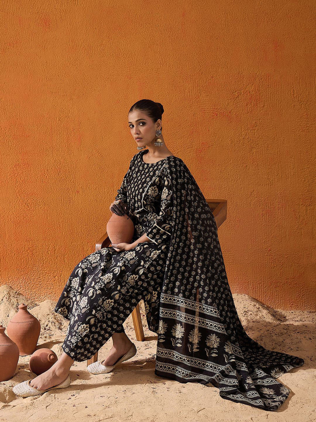 Black Floral Printed Gotta Patti Pure Cotton Kurta with Palazzo & Dupatta