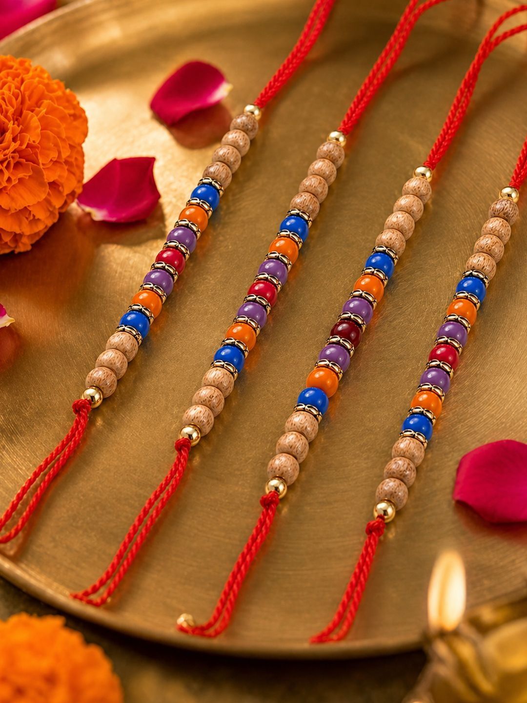Dhiyona Set Of 4 Multicolor Circular Beads Studded Thread Rakhi With Roli Chawal Chandan