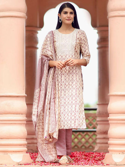 Women's LB Off White Printed Silk Blend Straight Suit With Dupatta