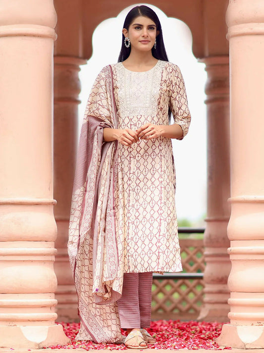 Women's LB Off White Printed Silk Blend Straight Suit With Dupatta