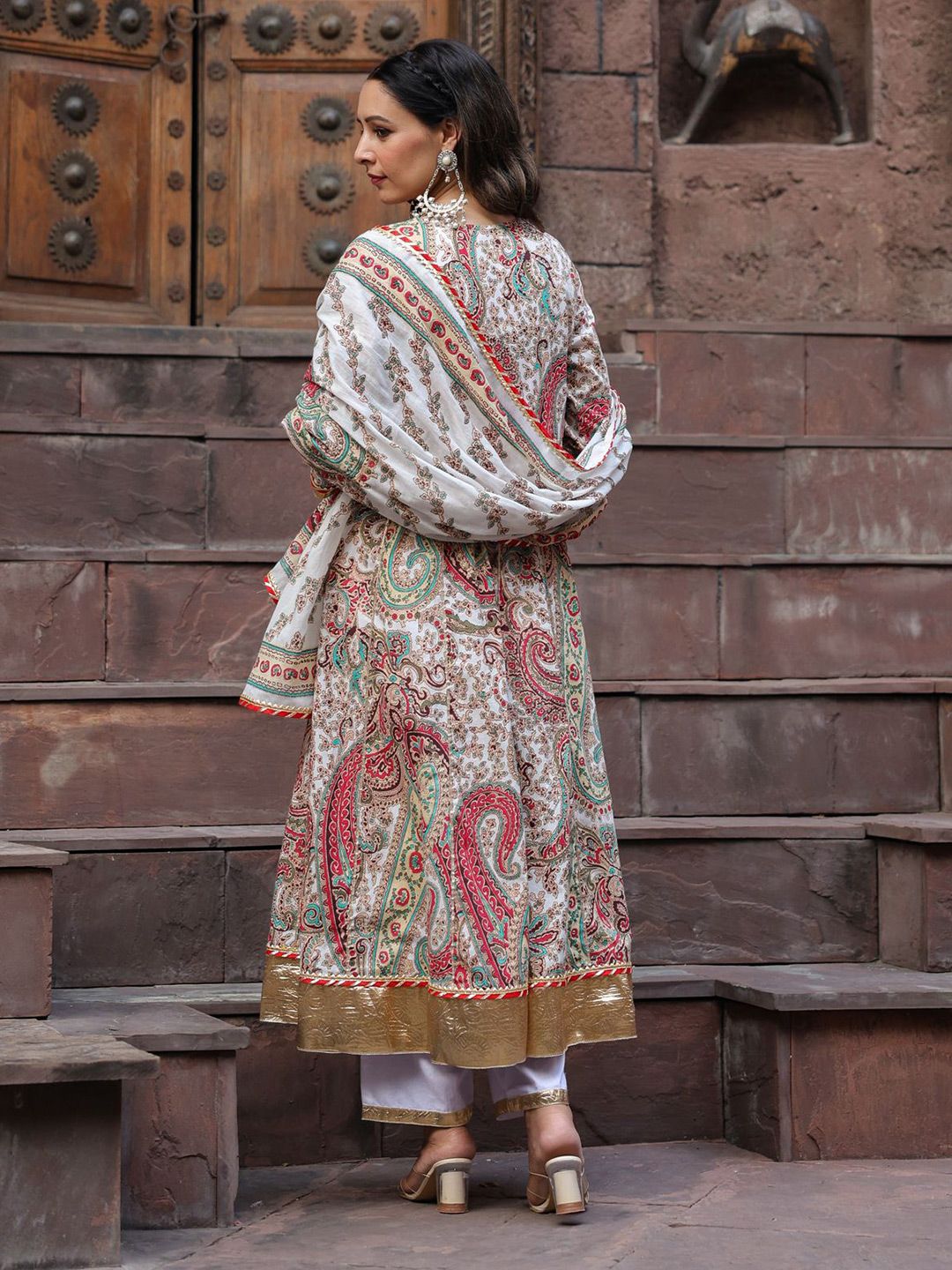 Dhiyona RR Women's Paisley Printed Gotta Patti Pure Cotton Kurta with Trousers & Dupatta
