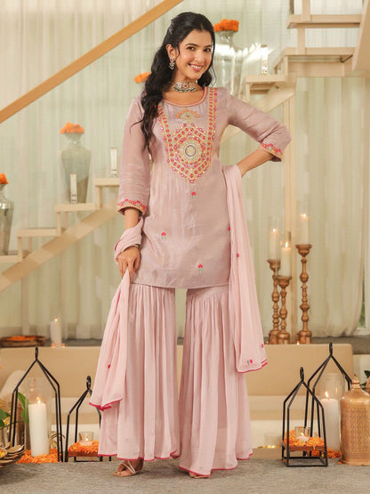 Dhiyona SC Women Geometric Embroidered Shimmer Tissue Sharara Kurta & Sharara With Dupatta
