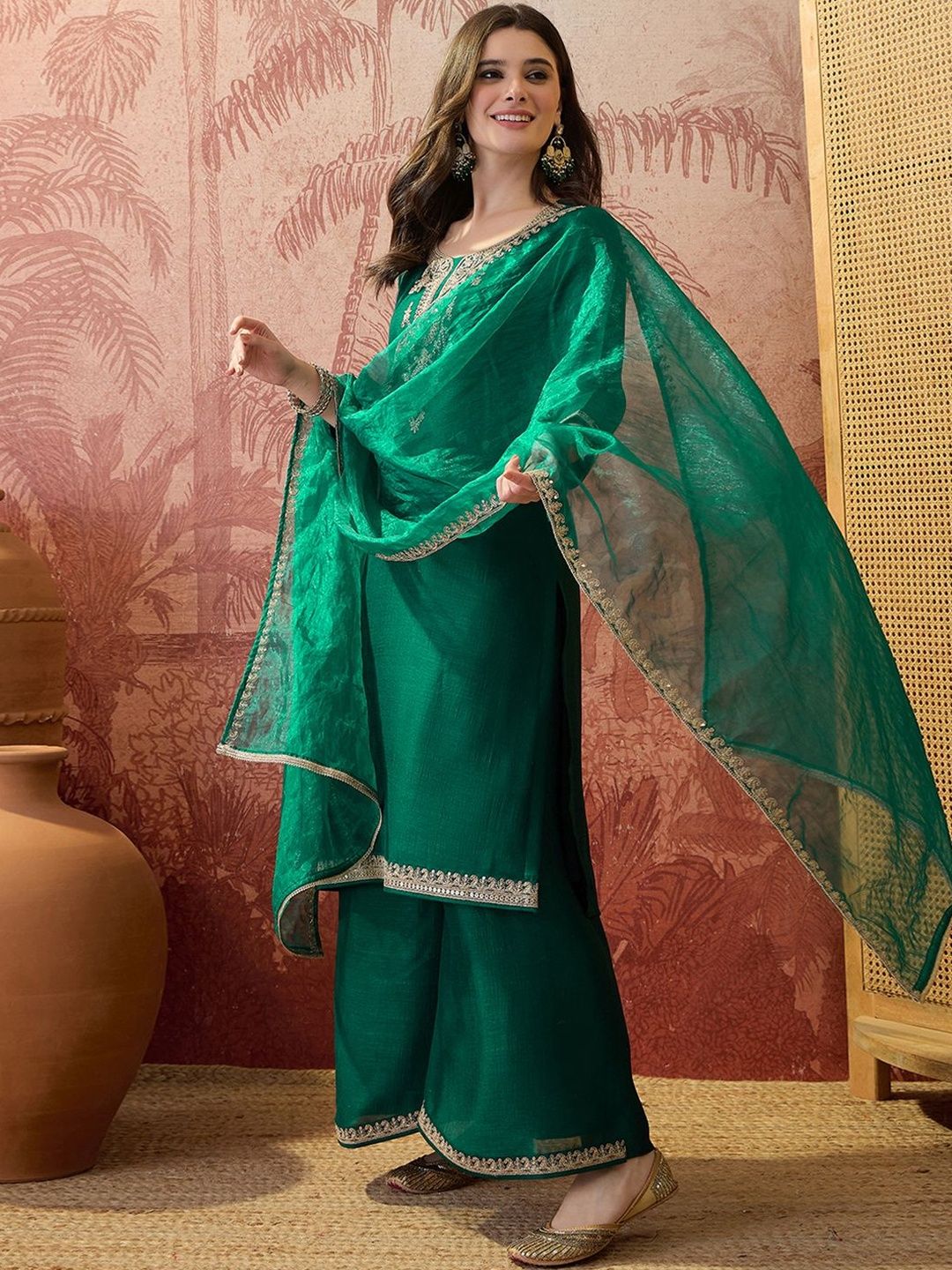 Dhiyona SN Embroidered Round Neck Kurta & Palazzos Kurta Set