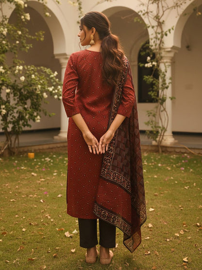 Dhiyona KL Geometric Printed Straight Kurta With Trousers & Dupatta
