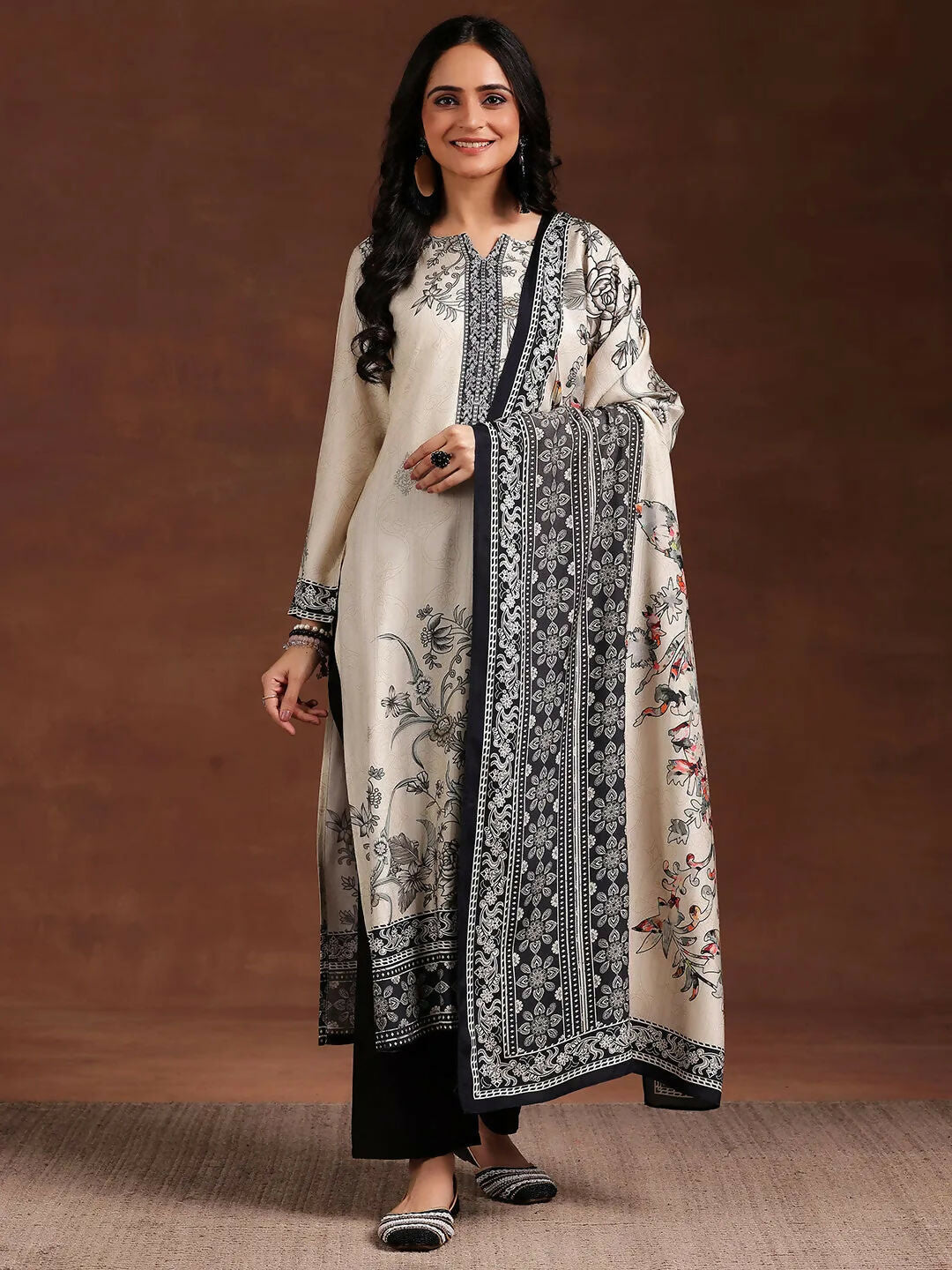 Women's LB Monochrome Printed Silk Blend Straight Suit With Dupatta