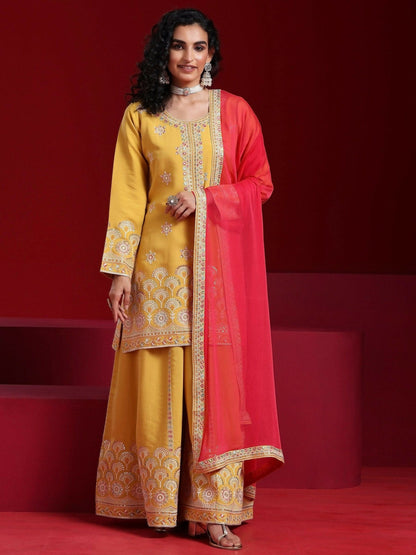 Women's LB Art Yellow Embroidered Silk Blend Straight Suit With Dupatta