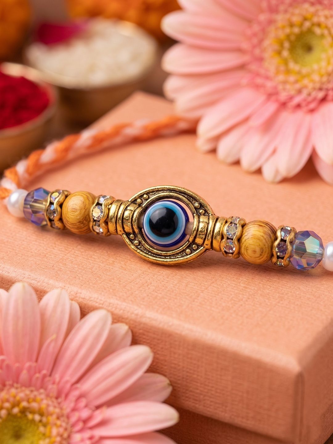 Dhiyona Set Of 4 Multicolor Evil Eye Thread Rakhi With Roli Chawal Chandan Mishri