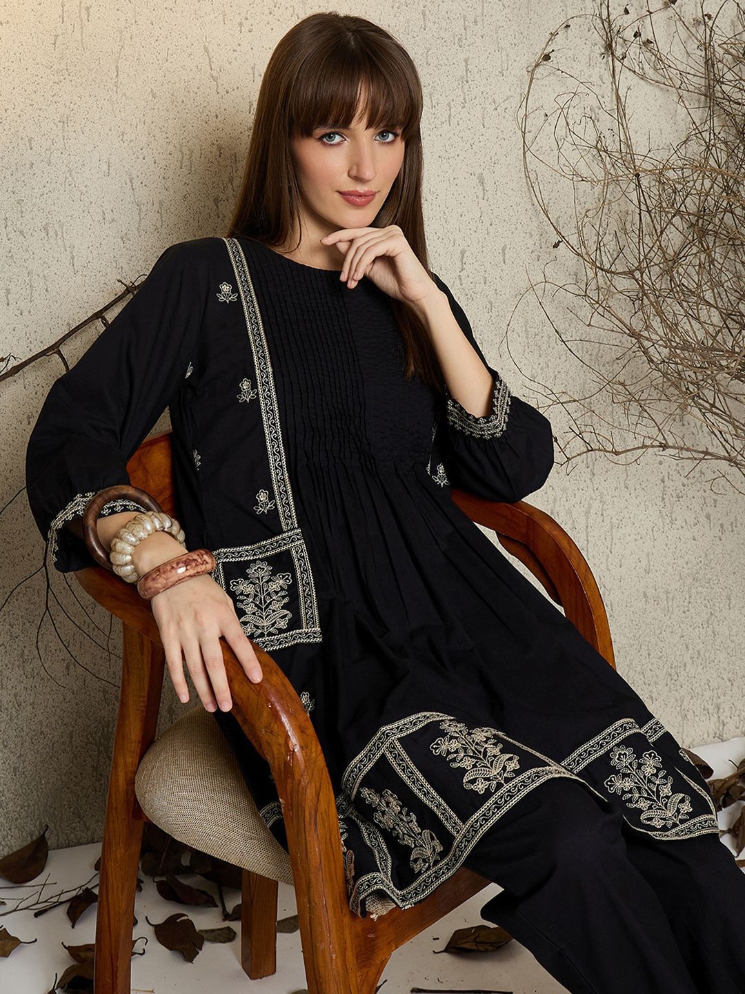 Dhiyona IE Women Embroidered Round Neck Cotton Top and Trousers Co-Ords