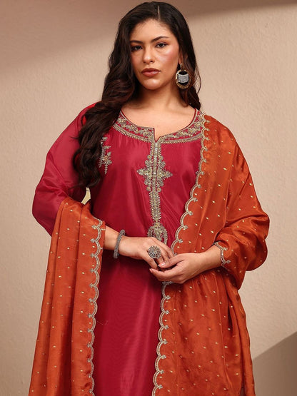 Dhiyona Women's Ethnic Motifs Embroidered Regular Thread Work Kurta with Trousers & With Dupatta