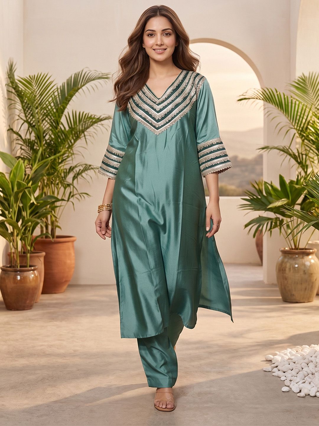 Sea Green Women Yoke Design Regular Kurta with Trousers