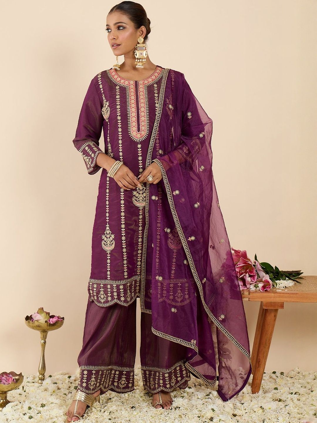 Dhiyona IE Women Ethnic Motifs Embroidered Regular Kurta with Palazzos & With Dupatta