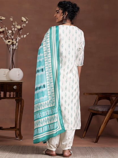 Women Ethnic Motifs Printed Regular Thread Work Kurta with Pyjamas & With Dupatta