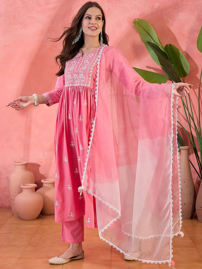 Dhiyona SN Women's Peach Embroidered Notch Neck Pure Cotton Anarkali Kurta With Trouser & Dupatta