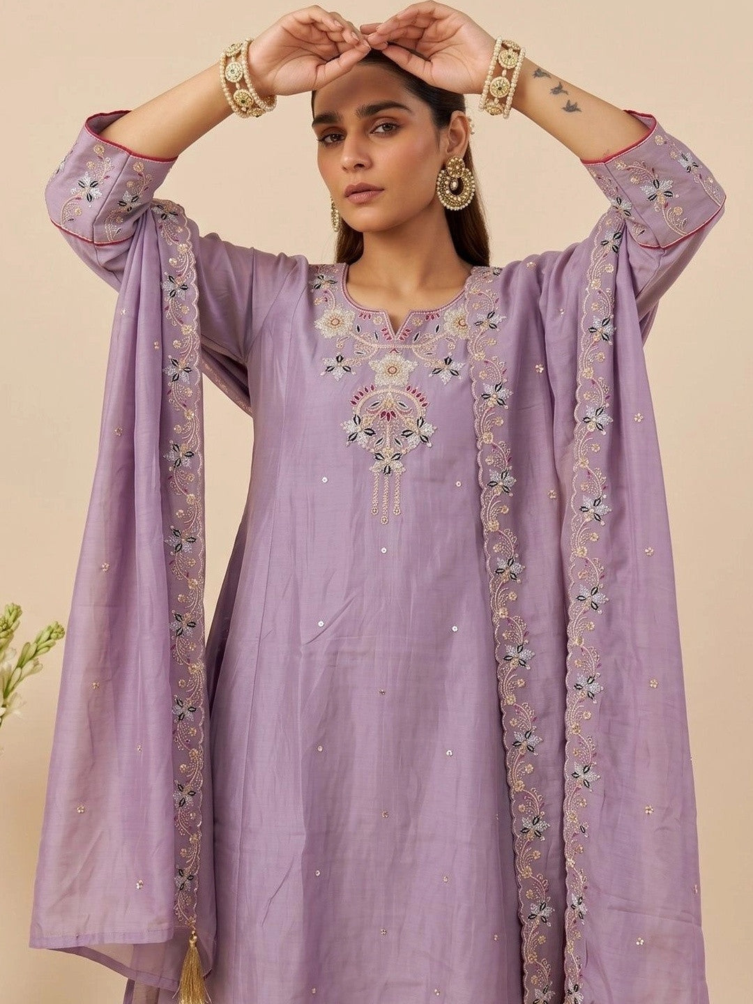 Women Ethnic Motifs Embroidered Regular Thread Work Kurta with Palazzos & With Dupatta