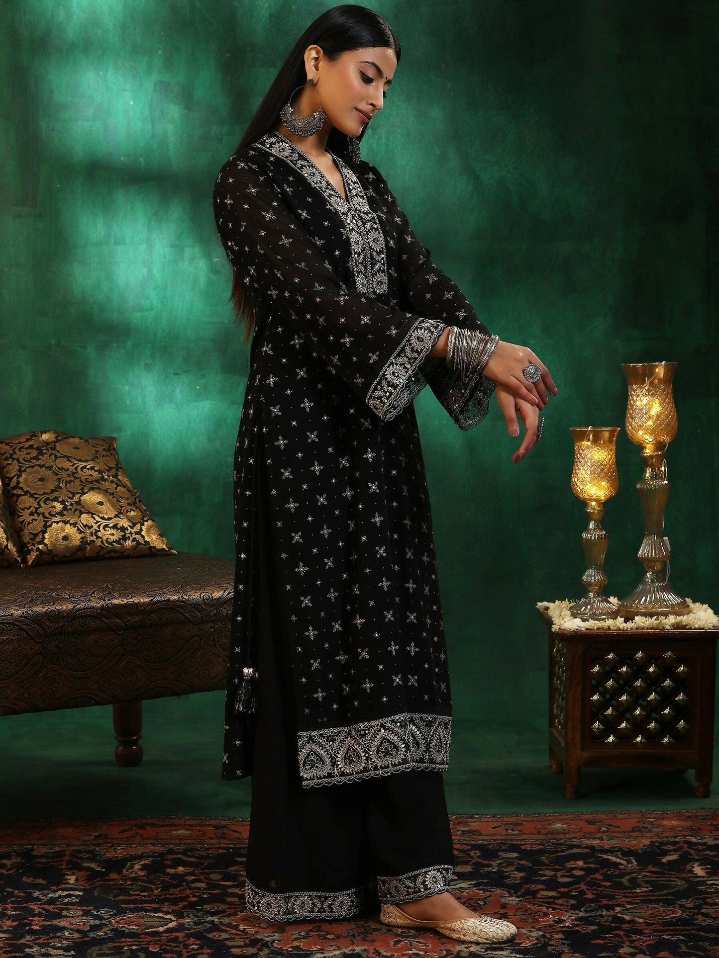 Women's LB Black Printed Georgette Straight Suit With Dupatta