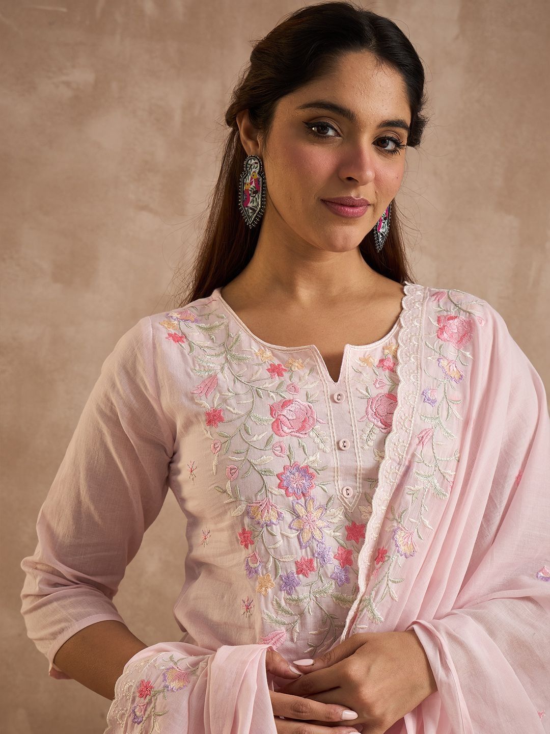Dhiyona IE Women Floral Embroidered Thread Work Pure Cotton Kurta with Trousers & Dupatta