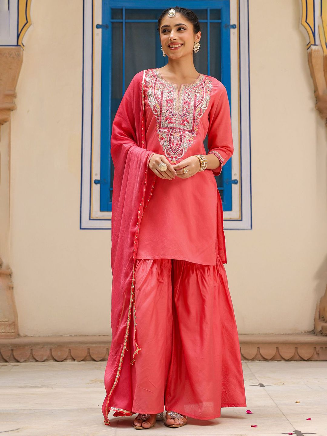Dhiyona SC Women Coral Chanderi Silk Embroidered Kurta with Sharara & With Dupatta