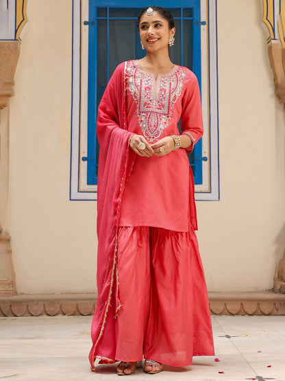 Dhiyona SC Women Coral Chanderi Silk Embroidered Kurta with Sharara & With Dupatta