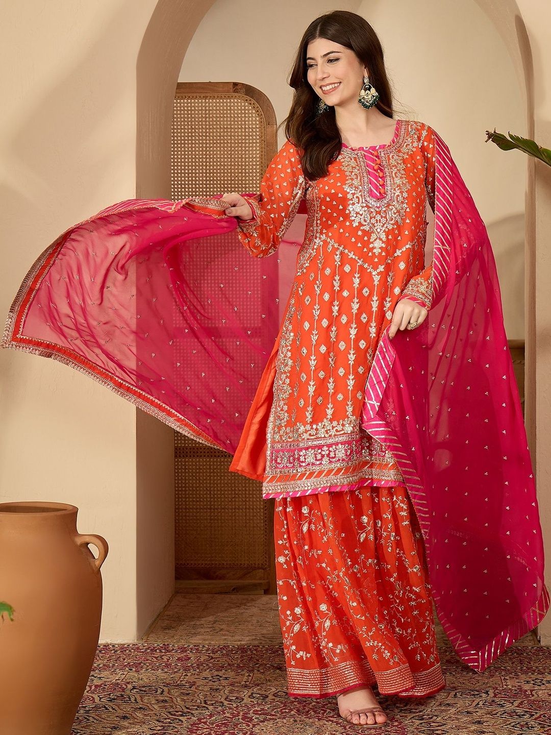 Dhiyona SN Women Ethnic Motifs Embroidered Regular Thread Work Kurta & Sharara With Dupatta