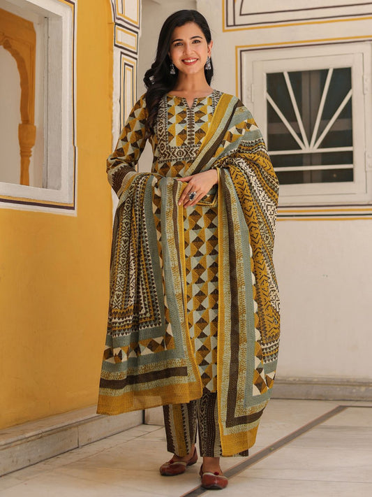 Dhiyona RR Women's Printed Regular Pure Cotton Kurta with Trousers & Dupatta