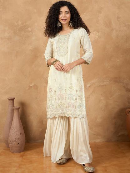 Dhiyona VA Women Embroidered Straight Kurta with Sharara & Dupatta