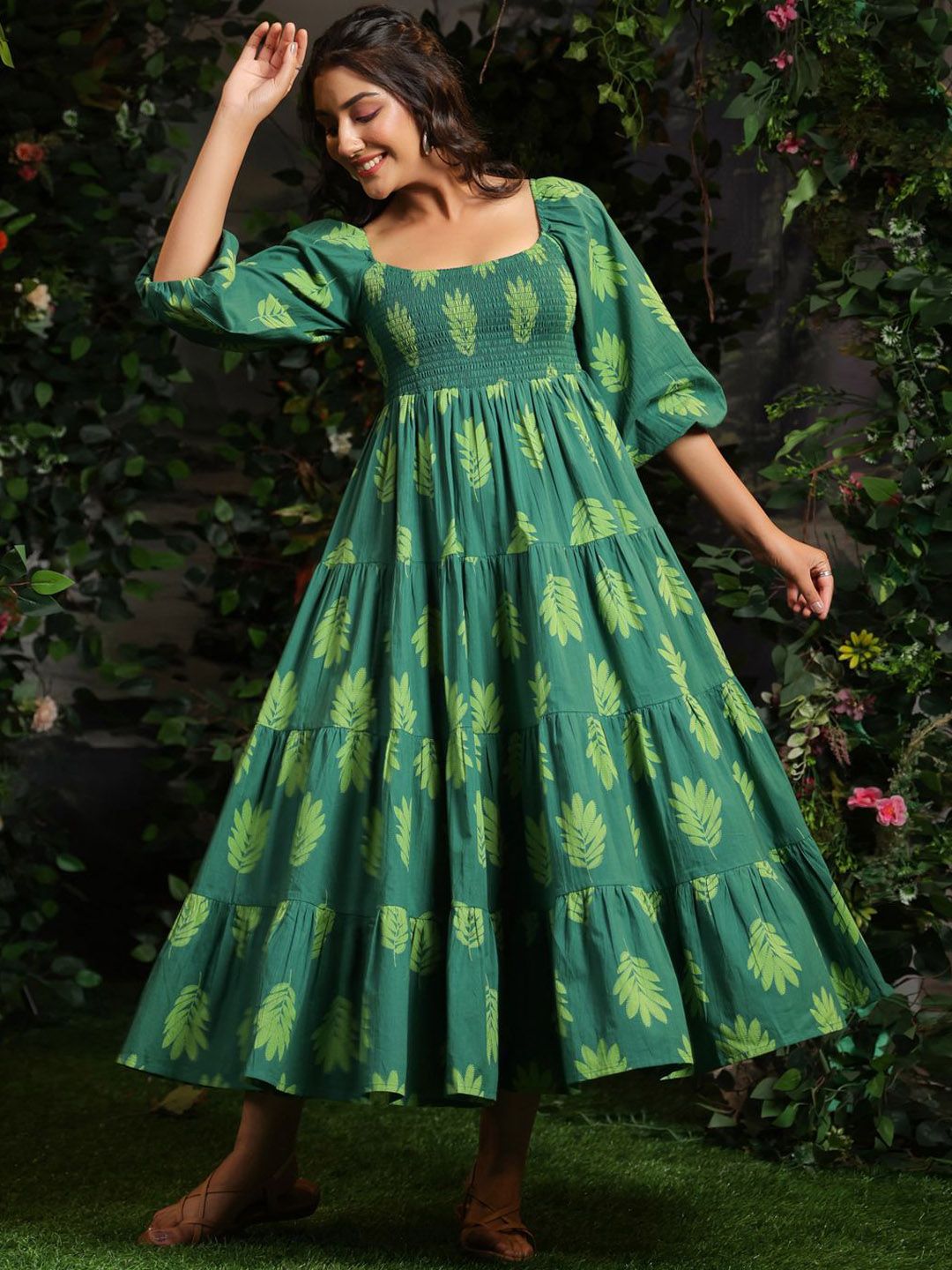 Dhiyona AY Women's Printed Puff Sleeves Cotton Maxi Ethnic Dress