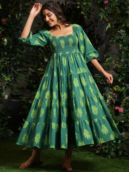 Dhiyona AY Women's Printed Puff Sleeves Cotton Maxi Ethnic Dress