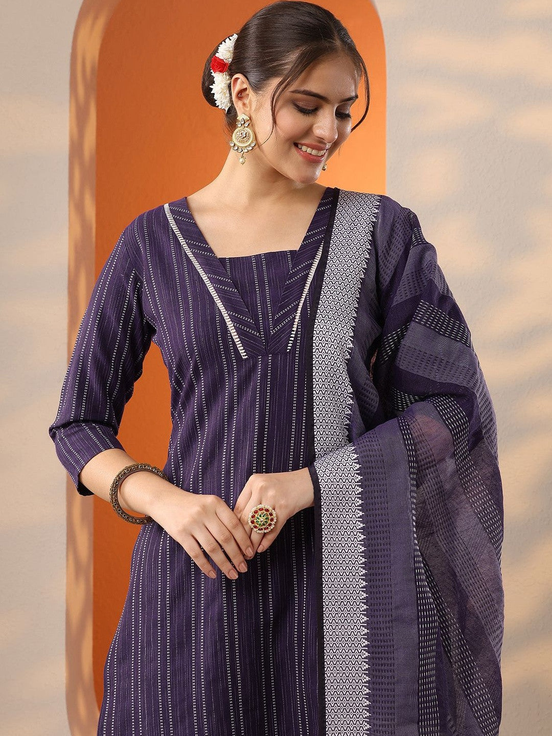 Women Striped Regular Kurta with Trousers & With Dupatta